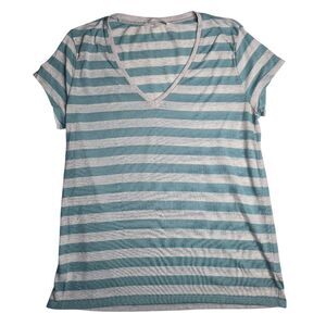 Victorias Secret Womens Striped Tee MED Teal Gray Short Sleeve Vneck Soft Logo